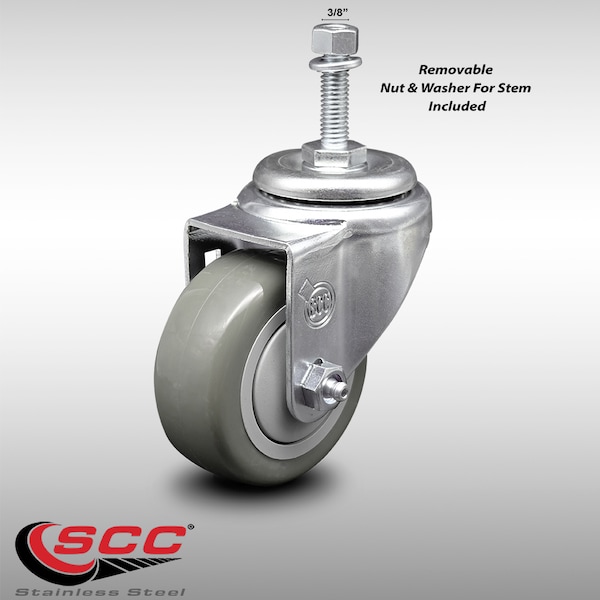 3.5 Inch SS Gray Polyurethane Wheel Swivel 3/8 Inch Threaded Stem Caster SCC